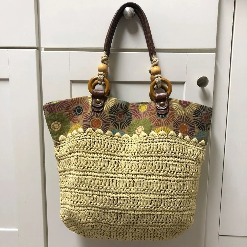 Fossil Straw Purse Shoulder Tote Bag Floral Woven Jute Handbag Boho Slouchy Hobo